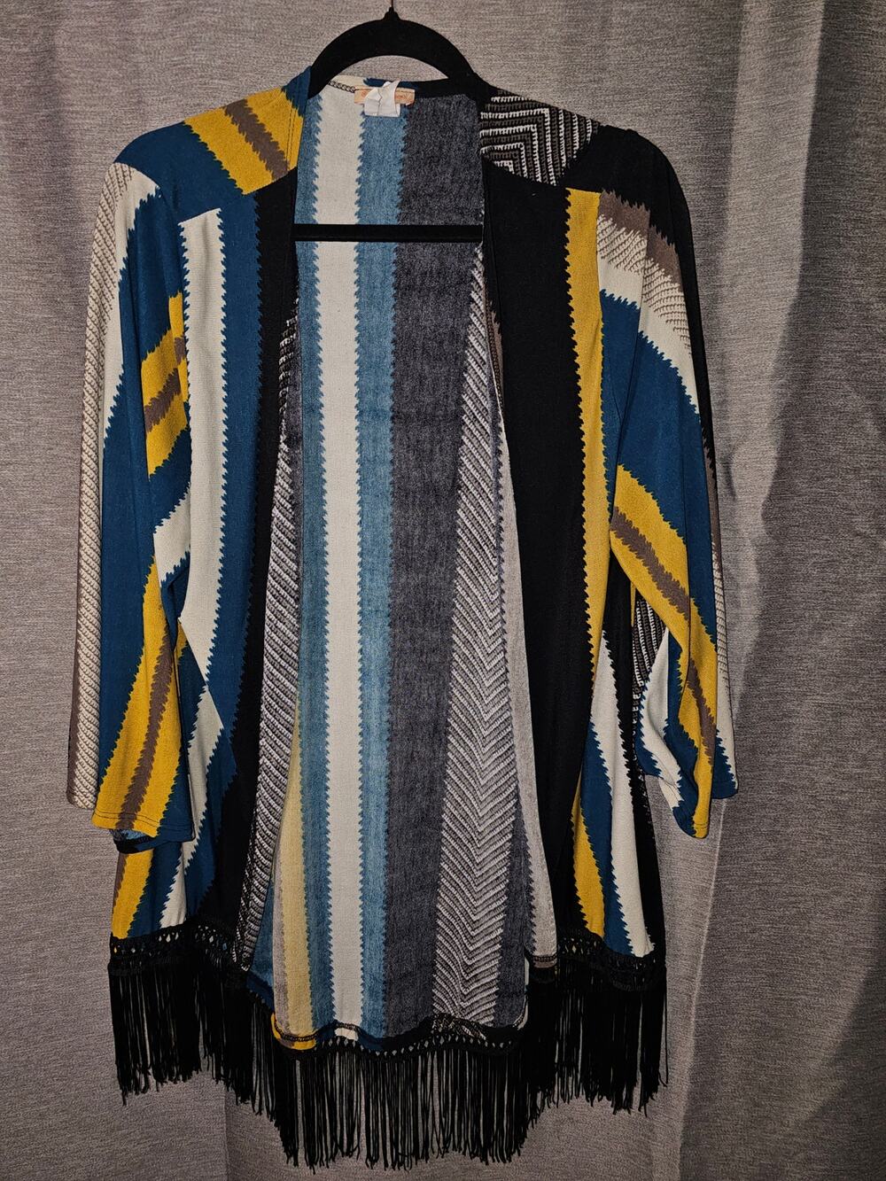 VTG "Orange Caramel" Striped Fringed Cardigan Open Poncho Yellow Blue Black